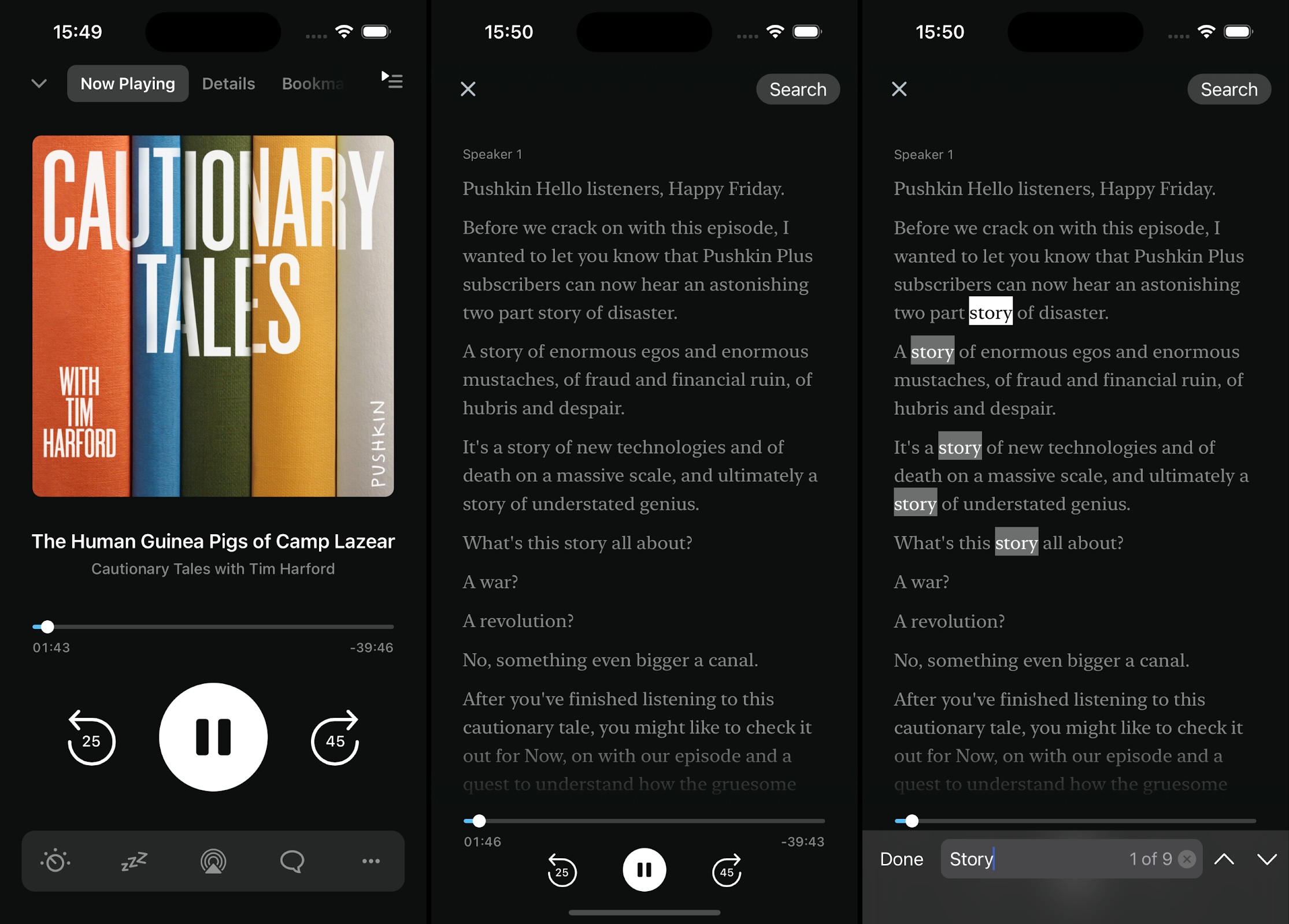 The Pocket Casts app's Now Playing screen, showing the transcript feature and searching a transcript.