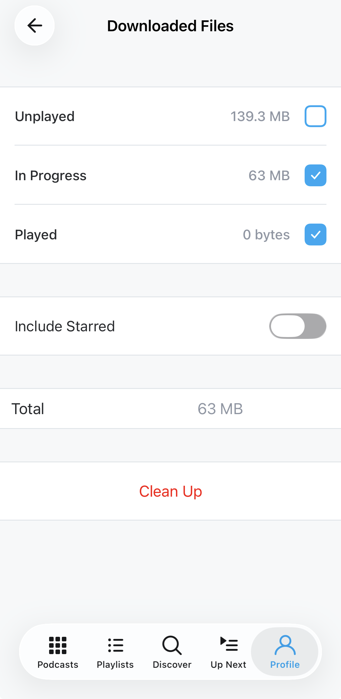 Pocket Casts Downloaded Files screen on iOS with the Clean Up option