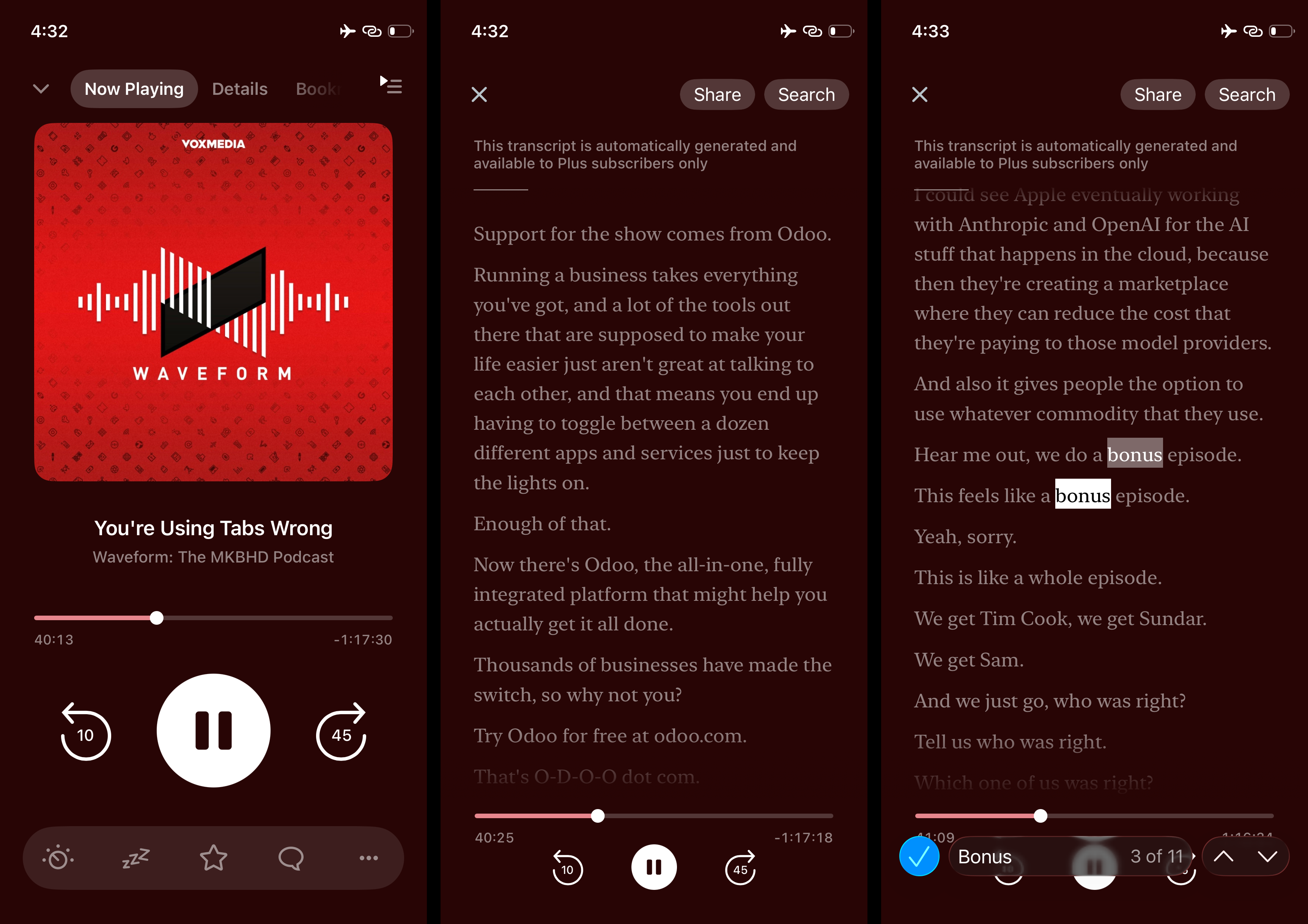 The Pocket Casts app's Now Playing screen, showing the transcript feature and searching a transcript.