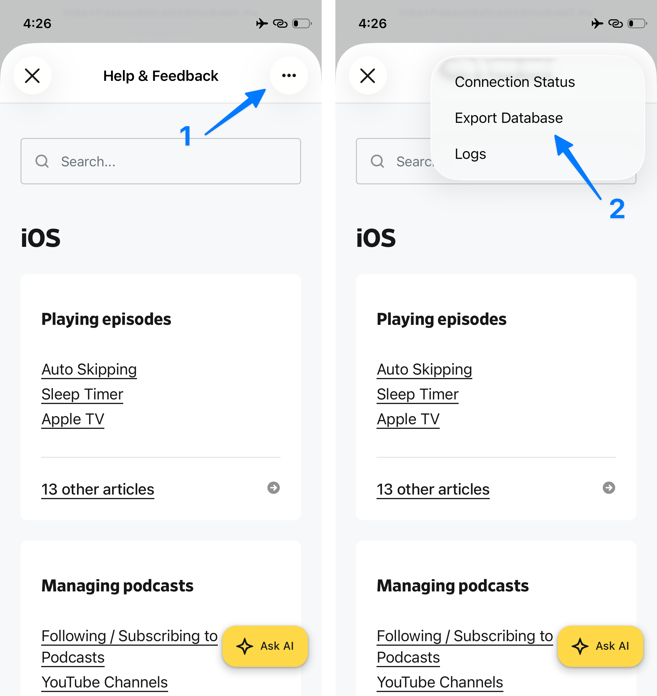 Exporting the database on Pocket Casts for iOS: tap the three-dot menu (1) then Export Database (2)