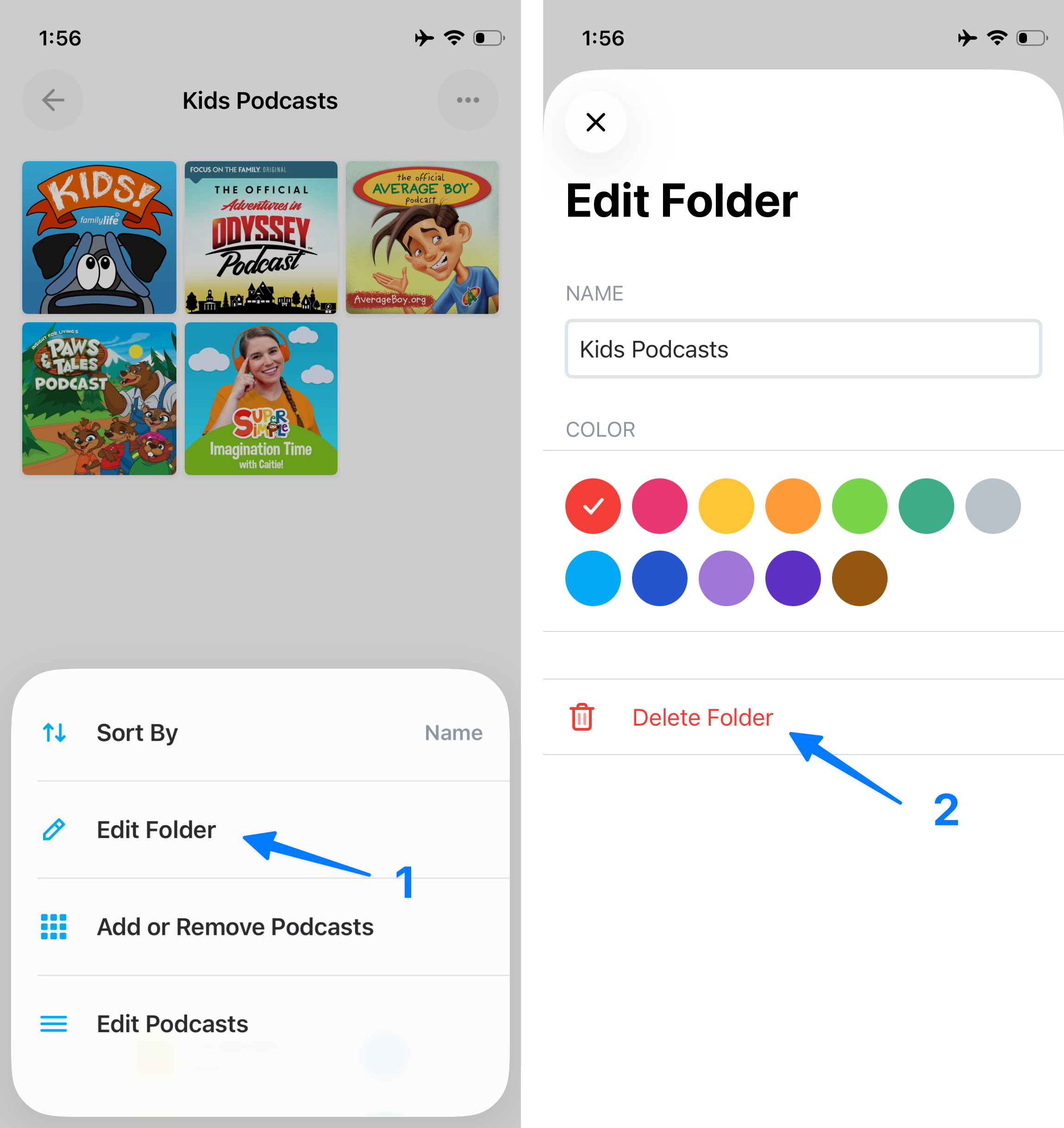 Pocket Casts on iOS: editing a folder (1) and deleting a folder (2)