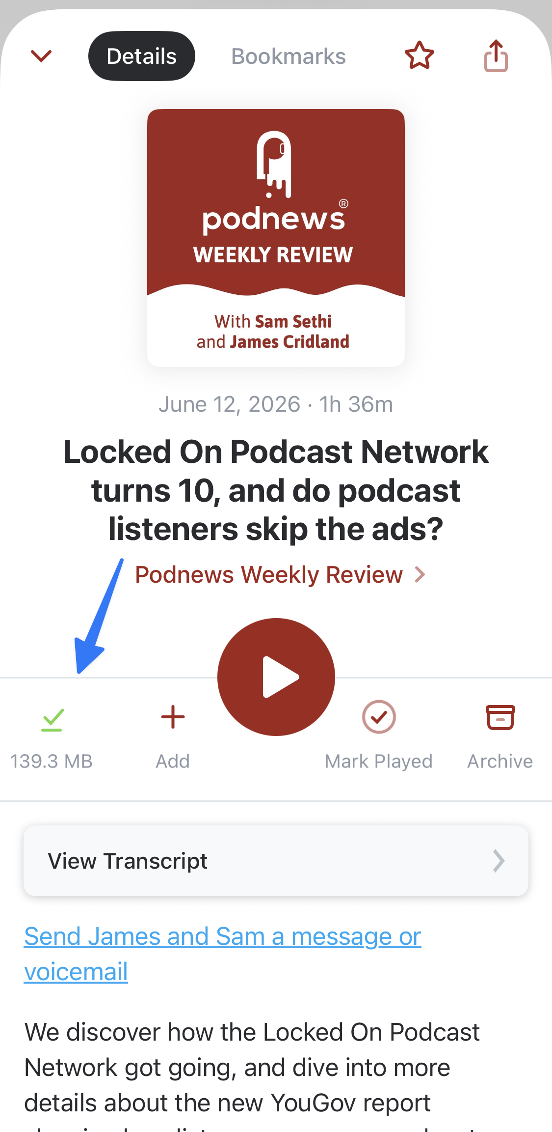 Pocket Casts episode screen on iOS with an arrow pointing to the download size indicator