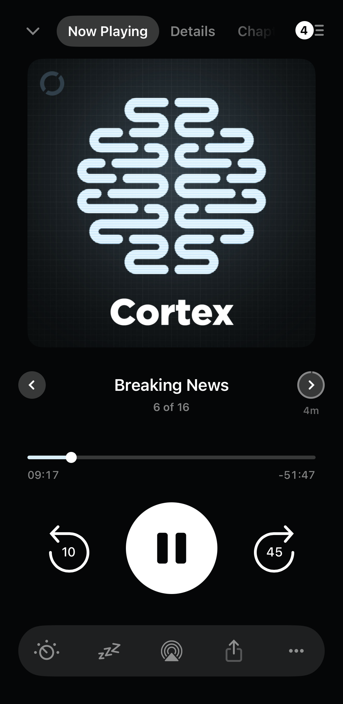 Pocket Casts Now Playing screen on iOS with chapter navigation
