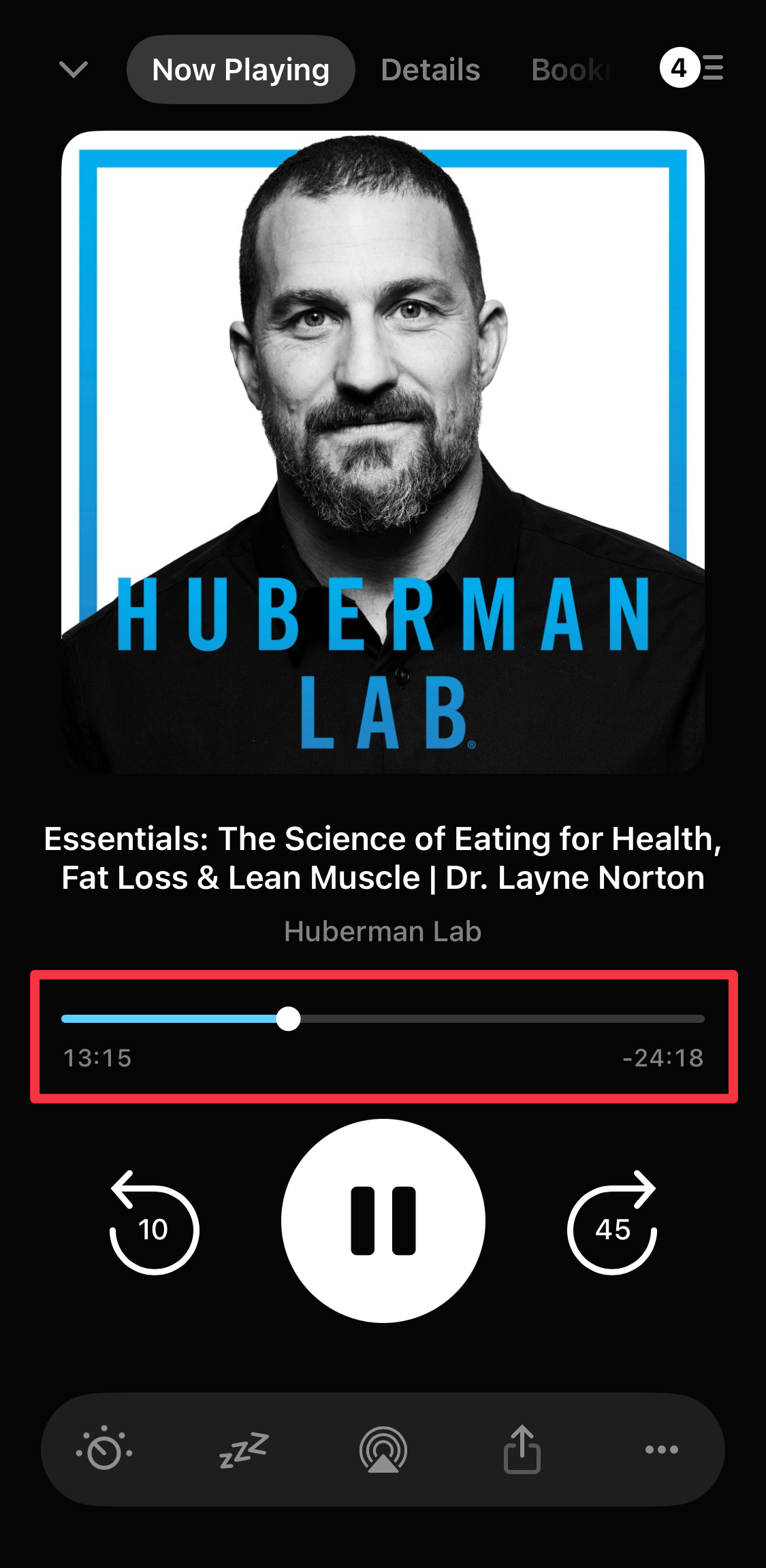 Pocket Casts Now Playing screen on iOS with the progress bar highlighted