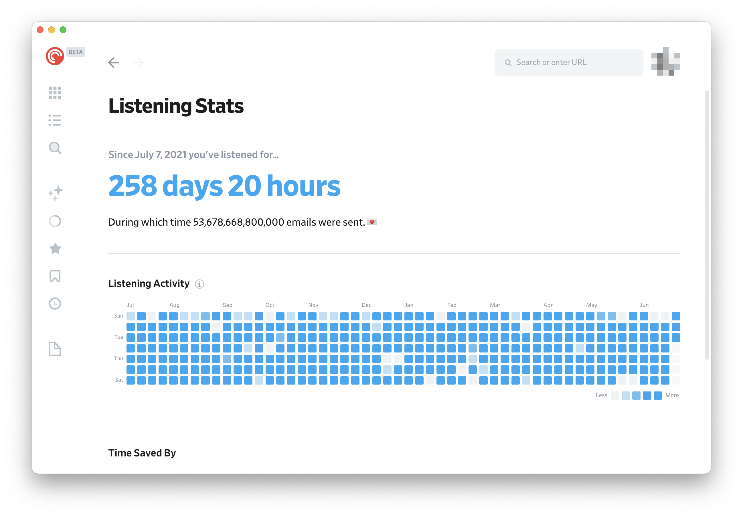 The Listening Activity heatmap on the Pocket Casts web player, showing how much you listened on each day across the past year