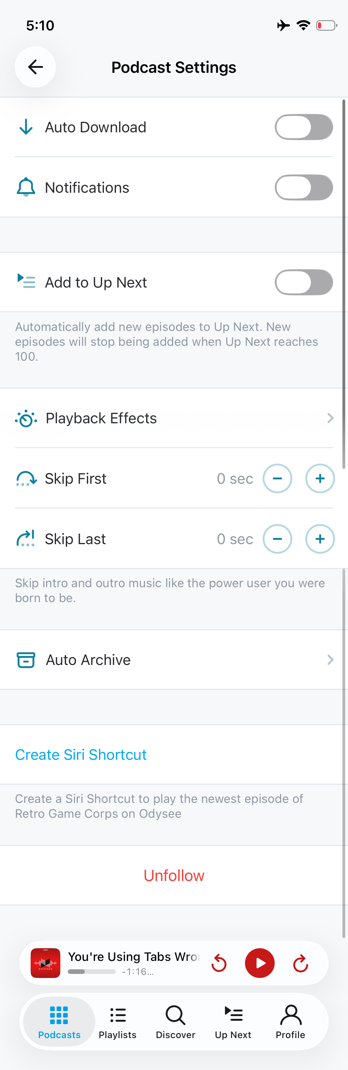 Pocket Casts Podcast Settings screen on iOS