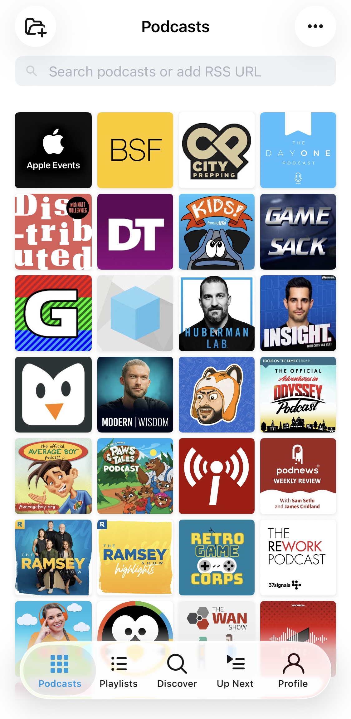 Pocket Casts Podcasts tab in grid layout on iOS