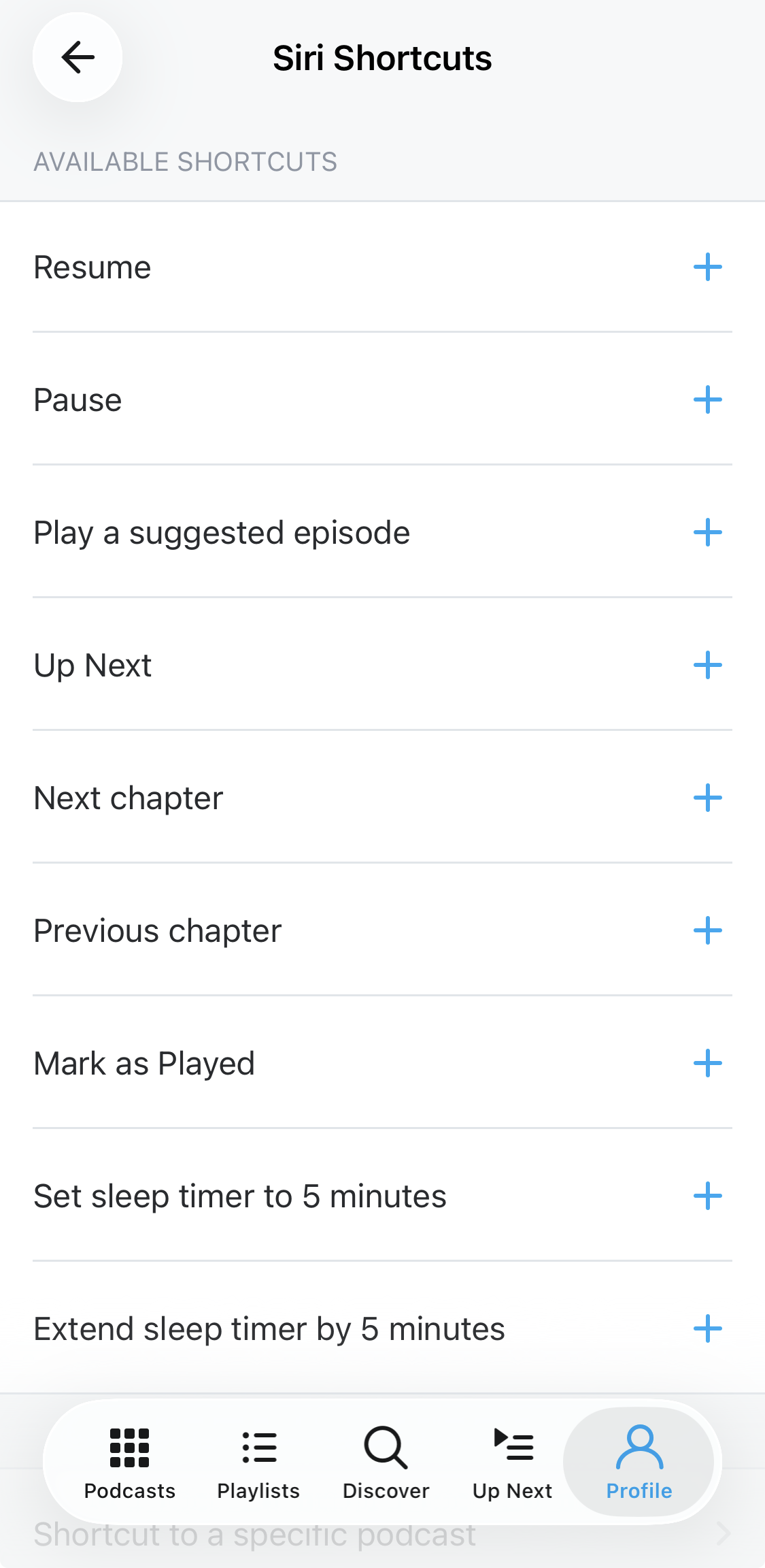 Pocket Casts Siri Shortcuts settings on iOS