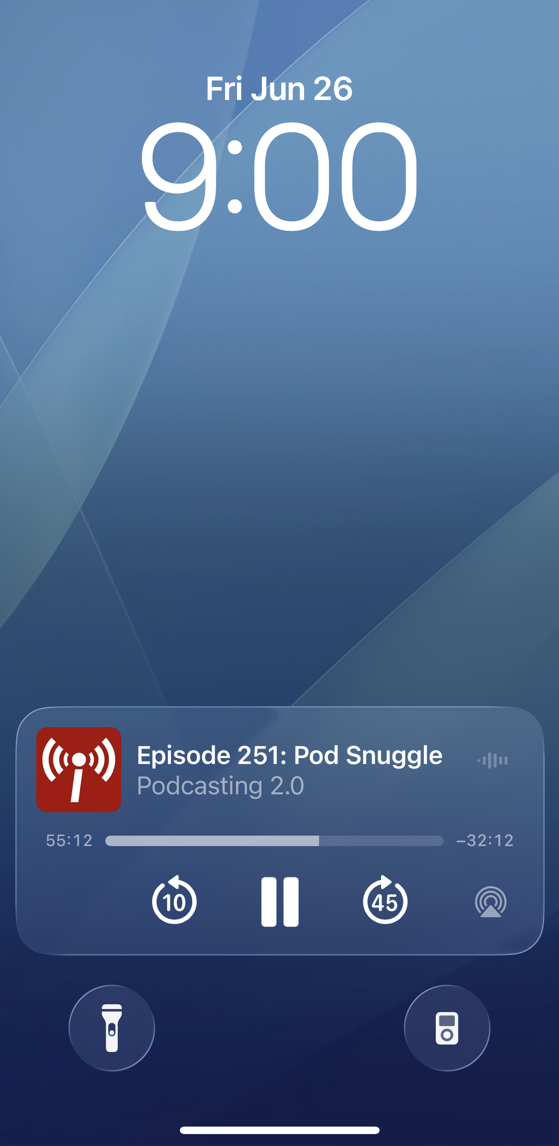 Pocket Casts now-playing controls on the iPhone Lock Screen