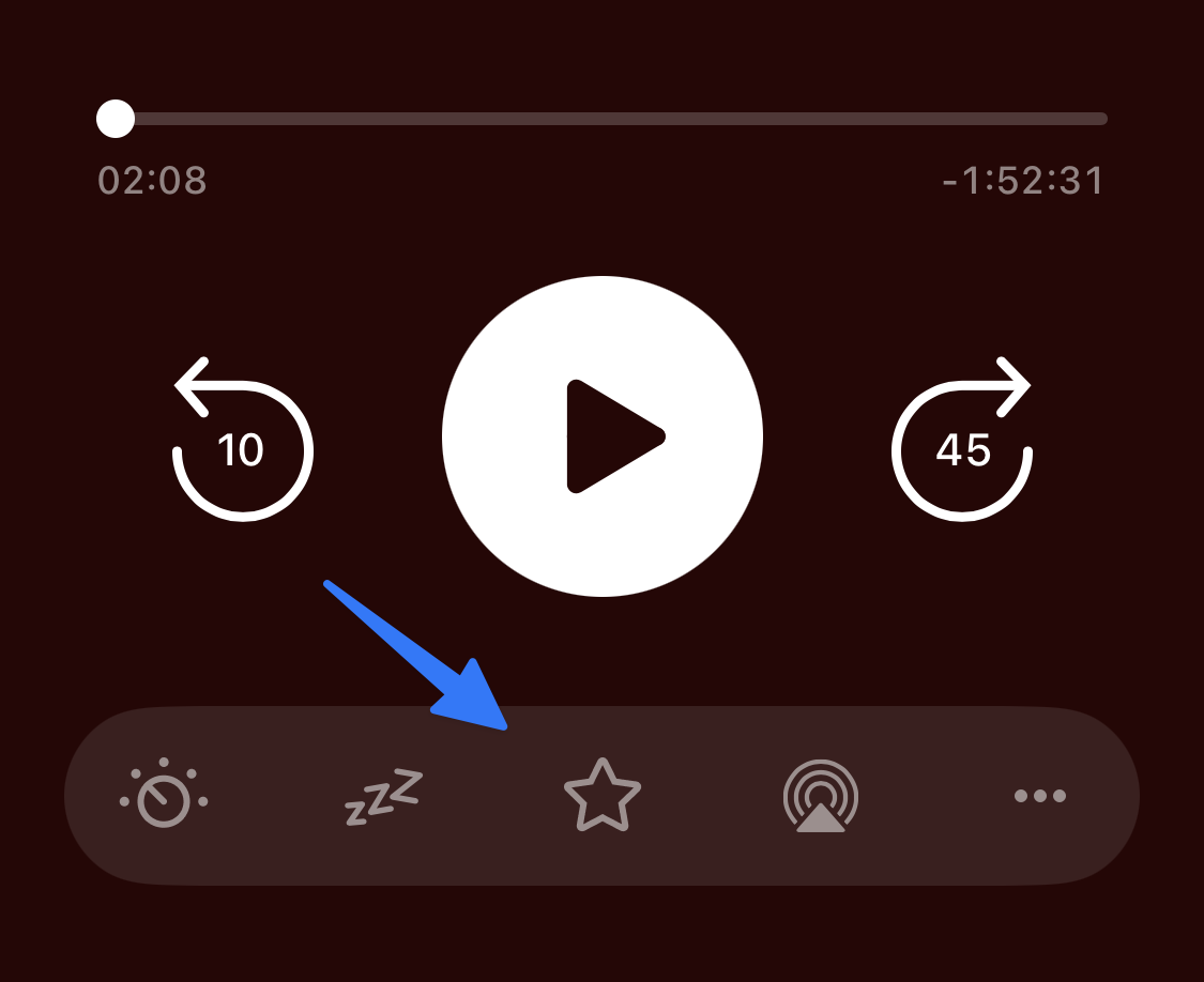 Pocket Casts player on iOS with an arrow pointing to the star icon