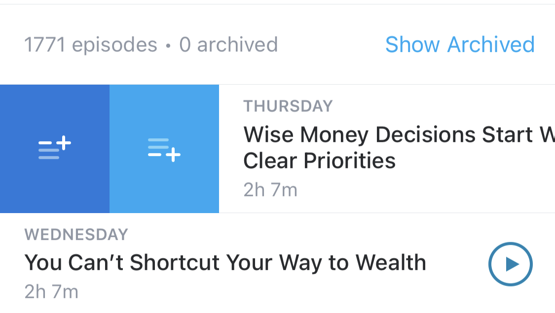 Pocket Casts episode list with swipe-to-Up-Next action revealed on iOS